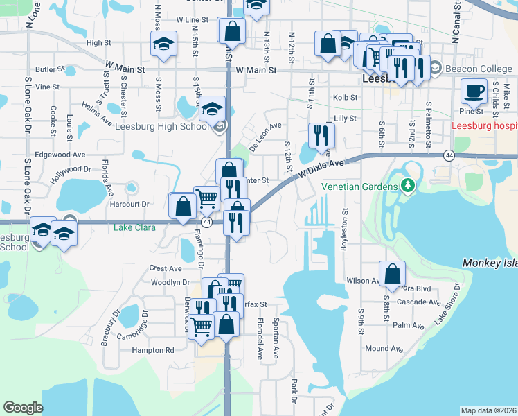 map of restaurants, bars, coffee shops, grocery stores, and more near 1225 West Dixie Avenue in Leesburg