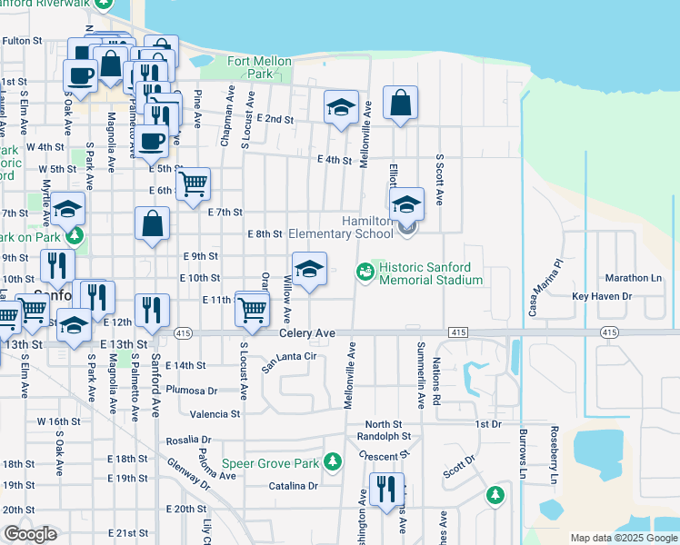 map of restaurants, bars, coffee shops, grocery stores, and more near 1114 East 9th Street in Sanford