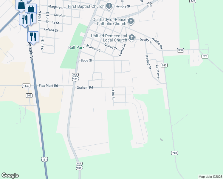 map of restaurants, bars, coffee shops, grocery stores, and more near 301 Graham Road in Kenedy