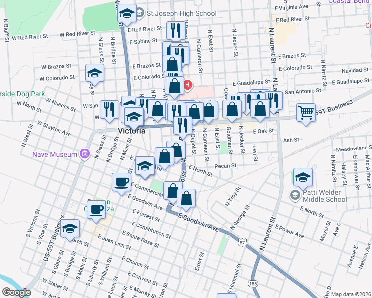 map of restaurants, bars, coffee shops, grocery stores, and more near 1004 North Navarro Street in Victoria