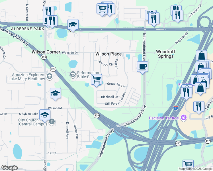 map of restaurants, bars, coffee shops, grocery stores, and more near 5082 Great Oak Lane in Sanford