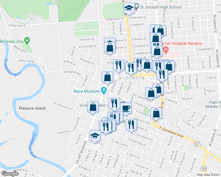 map of restaurants, bars, coffee shops, grocery stores, and more near 507 North Glass Street in Victoria