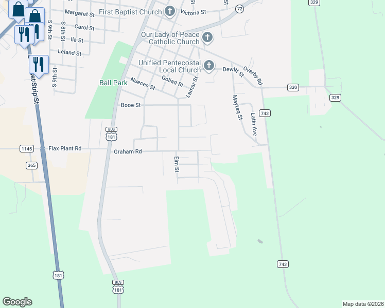 map of restaurants, bars, coffee shops, grocery stores, and more near 405 Graham Road in Kenedy