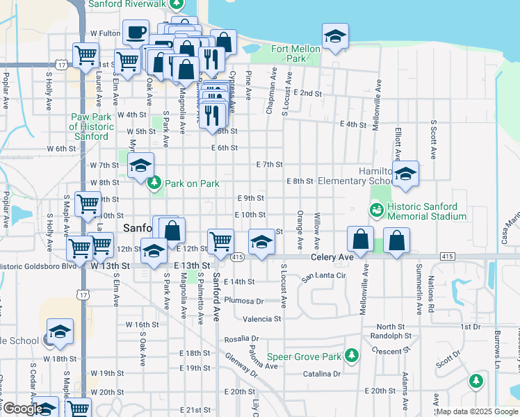 map of restaurants, bars, coffee shops, grocery stores, and more near 601 East 9th Street in Sanford