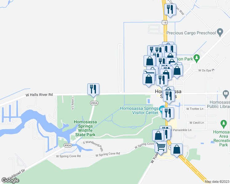 map of restaurants, bars, coffee shops, grocery stores, and more near 8975 West Halls River Road in Homosassa
