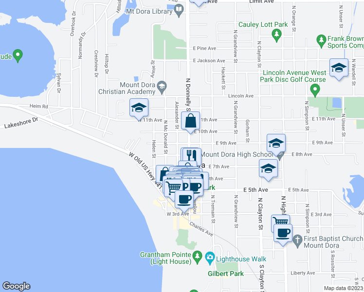 map of restaurants, bars, coffee shops, grocery stores, and more near 132 West 9th Avenue in Mount Dora