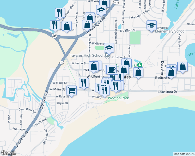 map of restaurants, bars, coffee shops, grocery stores, and more near 303 North Texas Avenue in Tavares