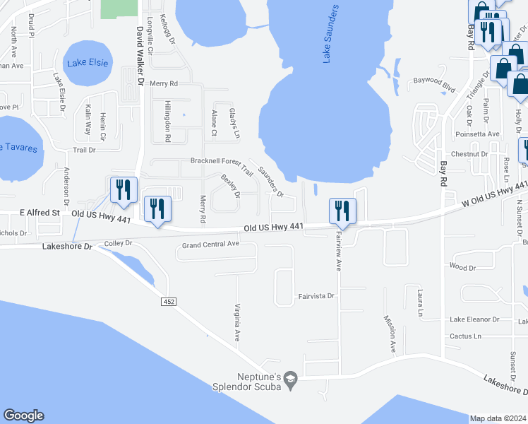 map of restaurants, bars, coffee shops, grocery stores, and more near 2542 Bracknell Forest Trail in Tavares