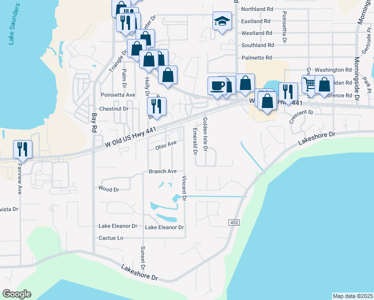 map of restaurants, bars, coffee shops, grocery stores, and more near 900 Vincent Drive in Mount Dora