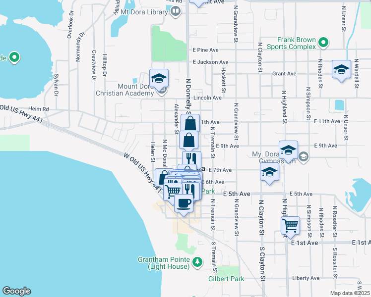 map of restaurants, bars, coffee shops, grocery stores, and more near 851 North Donnelly Street in Mount Dora