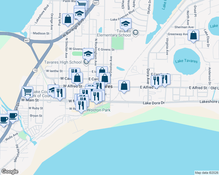 map of restaurants, bars, coffee shops, grocery stores, and more near 401 East Alfred Street in Tavares