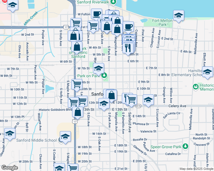 map of restaurants, bars, coffee shops, grocery stores, and more near 109 West 9th Street in Sanford