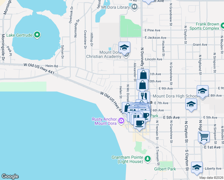 map of restaurants, bars, coffee shops, grocery stores, and more near 601 West Old US Highway 441 in Mount Dora