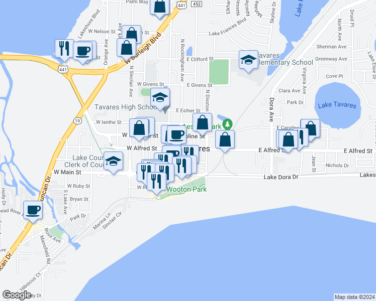 map of restaurants, bars, coffee shops, grocery stores, and more near in Tavares
