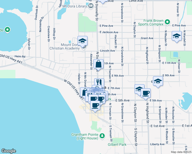 map of restaurants, bars, coffee shops, grocery stores, and more near 909 North Donnelly Street in Mount Dora