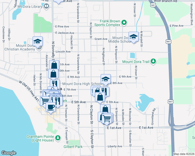 map of restaurants, bars, coffee shops, grocery stores, and more near 756A East 9th Avenue in Mount Dora