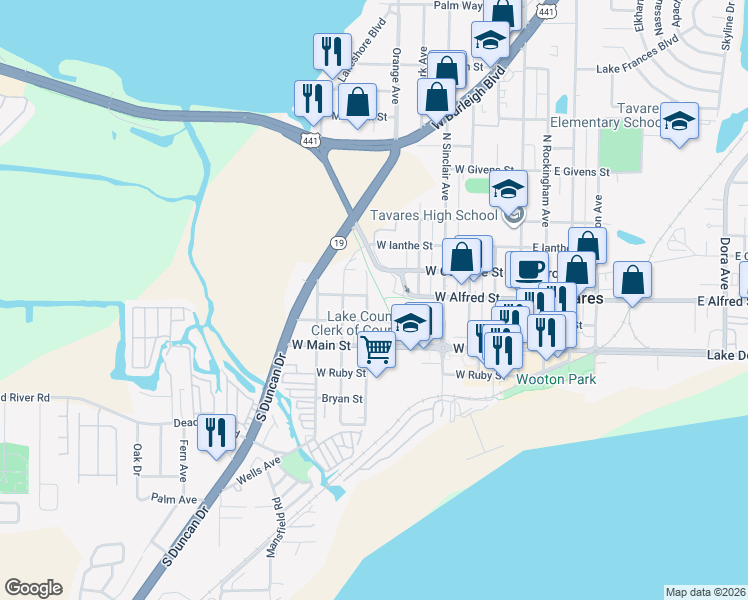 map of restaurants, bars, coffee shops, grocery stores, and more near 518 West Alfred Street in Tavares