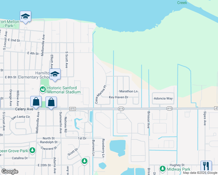 map of restaurants, bars, coffee shops, grocery stores, and more near 105 Coral Reef Court in Sanford