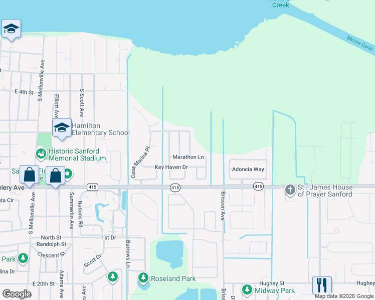 map of restaurants, bars, coffee shops, grocery stores, and more near 121 Islamorada Way in Sanford