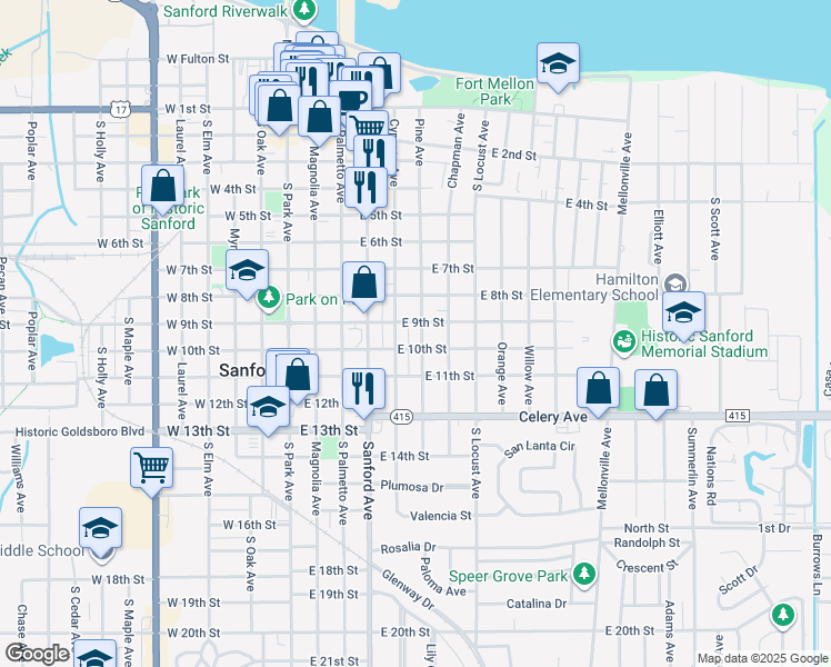 map of restaurants, bars, coffee shops, grocery stores, and more near 601 East 9th Street in Sanford