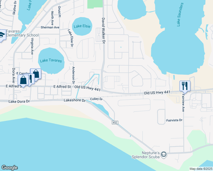 map of restaurants, bars, coffee shops, grocery stores, and more near 221 David Walker Drive in Tavares