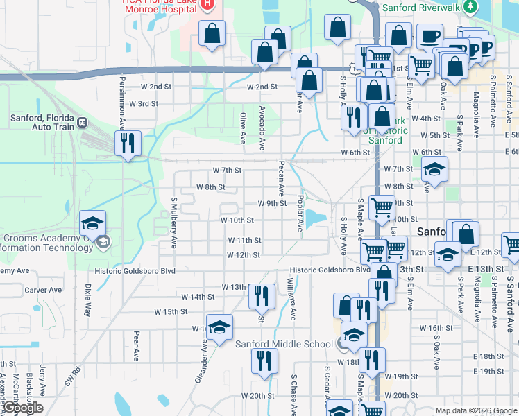map of restaurants, bars, coffee shops, grocery stores, and more near 1206 West 9th Street in Sanford