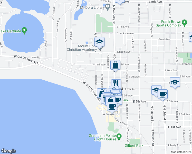 map of restaurants, bars, coffee shops, grocery stores, and more near 399 West 9th Avenue in Mount Dora