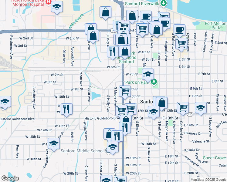 map of restaurants, bars, coffee shops, grocery stores, and more near 900 South Maple Avenue in Sanford