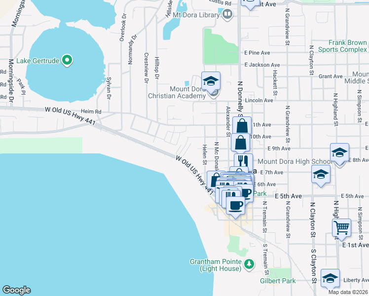 map of restaurants, bars, coffee shops, grocery stores, and more near 601 West Old US Highway 441 in Mount Dora
