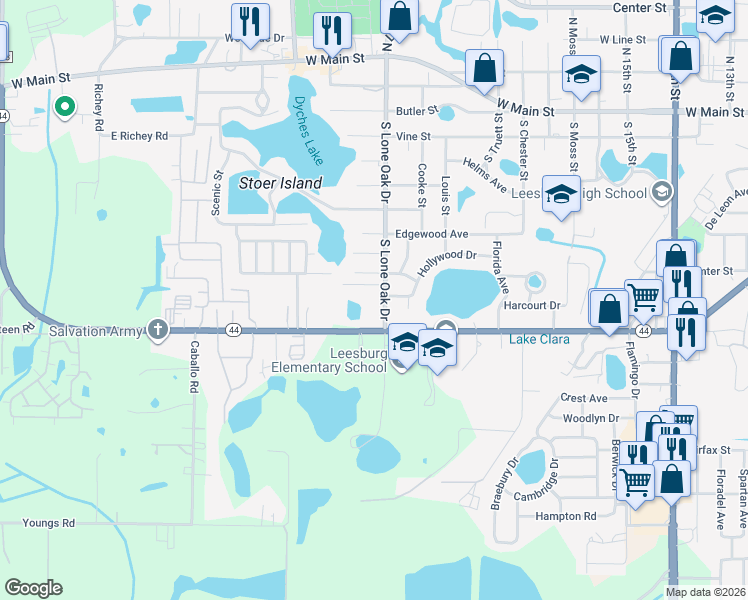 map of restaurants, bars, coffee shops, grocery stores, and more near 808 South Lone Oak Drive in Leesburg