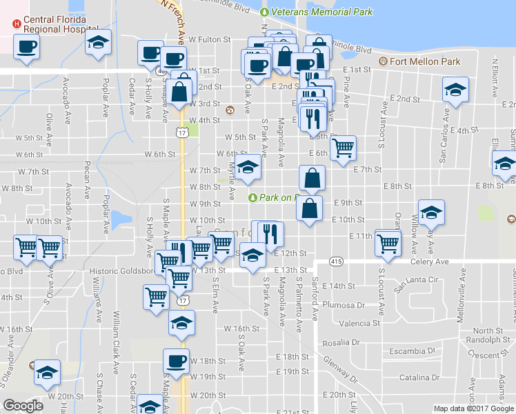 map of restaurants, bars, coffee shops, grocery stores, and more near 109 West 9th Street in Sanford