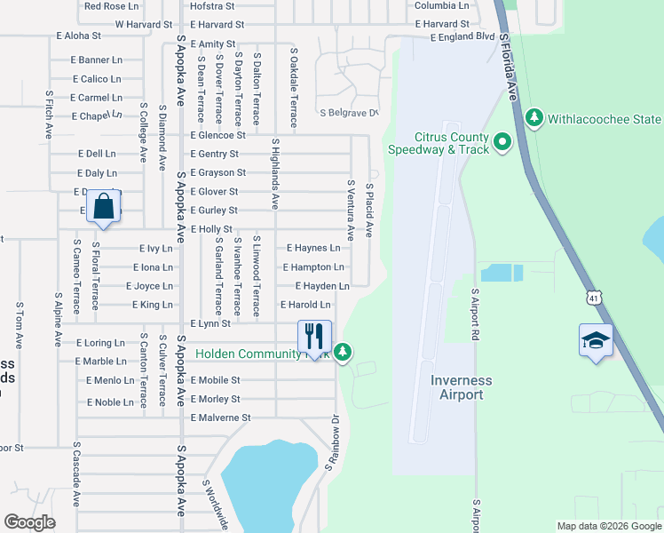 map of restaurants, bars, coffee shops, grocery stores, and more near 6717 East Hampton Lane in Inverness