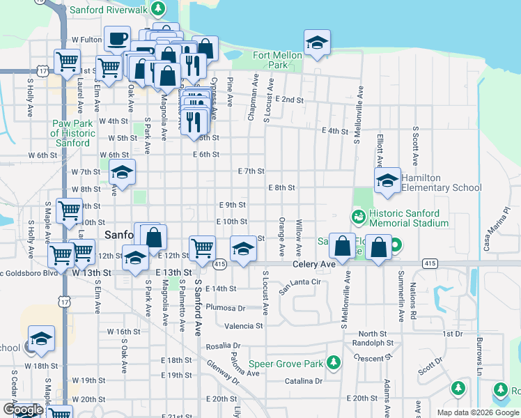 map of restaurants, bars, coffee shops, grocery stores, and more near 816 South Locust Avenue in Sanford