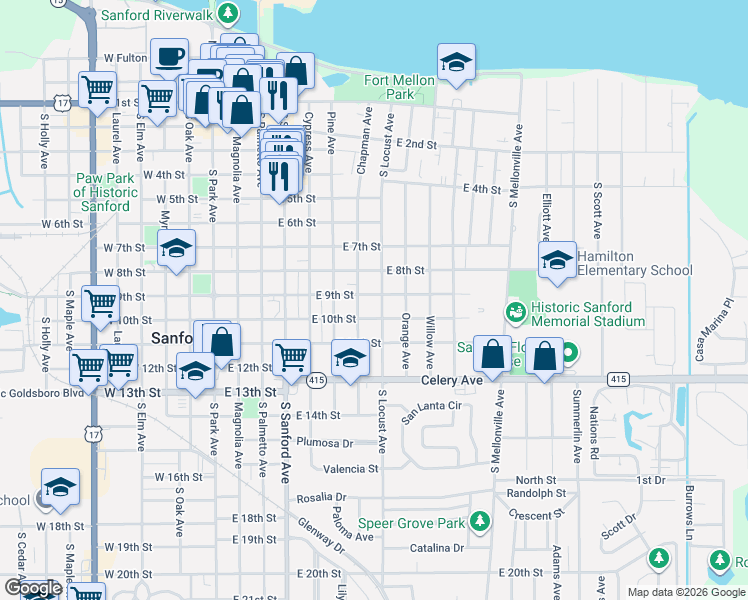map of restaurants, bars, coffee shops, grocery stores, and more near 816 South Locust Avenue in Sanford