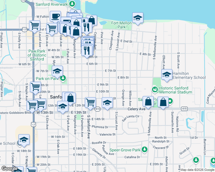 map of restaurants, bars, coffee shops, grocery stores, and more near 601 East 9th Street in Sanford