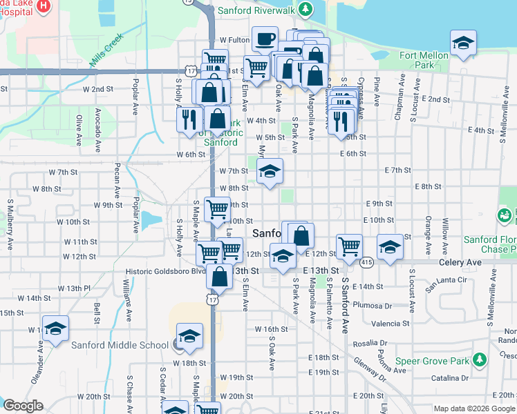 map of restaurants, bars, coffee shops, grocery stores, and more near 820 Myrtle Avenue in Sanford