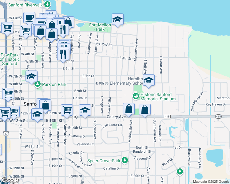 map of restaurants, bars, coffee shops, grocery stores, and more near 904 South Bay Avenue in Sanford