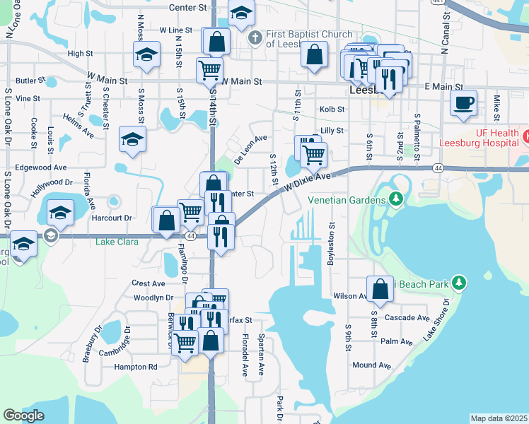 map of restaurants, bars, coffee shops, grocery stores, and more near 1209 West Dixie Avenue in Leesburg