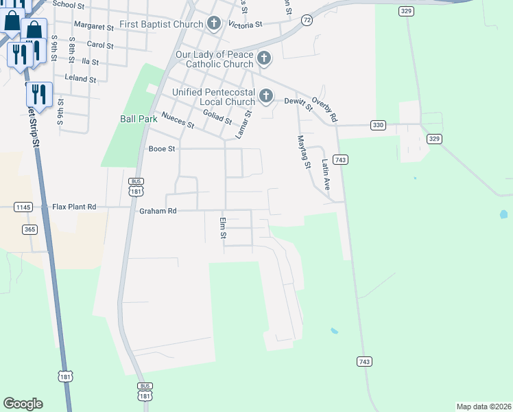 map of restaurants, bars, coffee shops, grocery stores, and more near 405 Graham Road in Kenedy