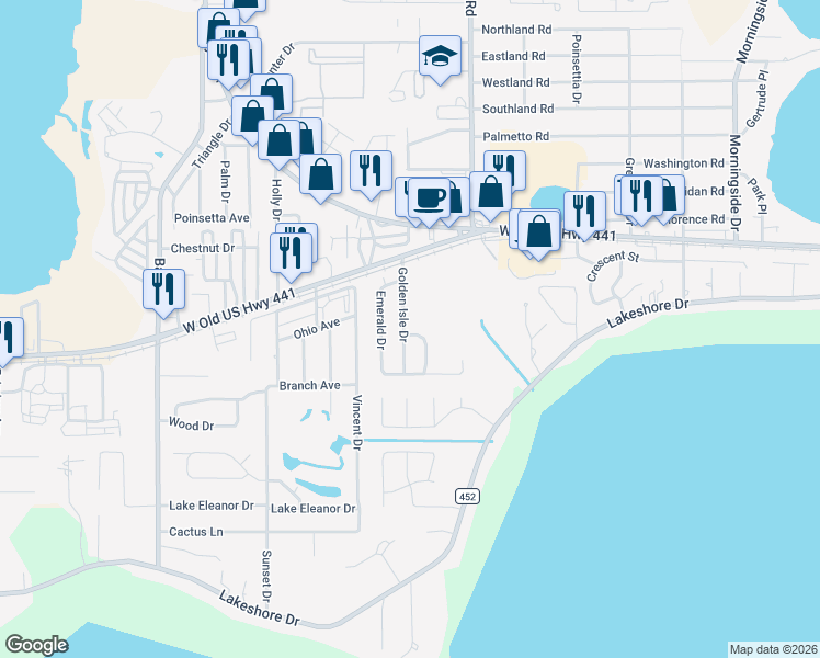 map of restaurants, bars, coffee shops, grocery stores, and more near 960 Golden Isle Drive in Mount Dora