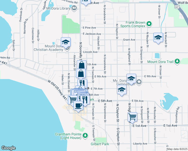 map of restaurants, bars, coffee shops, grocery stores, and more near 908 North Tremain Street in Mount Dora