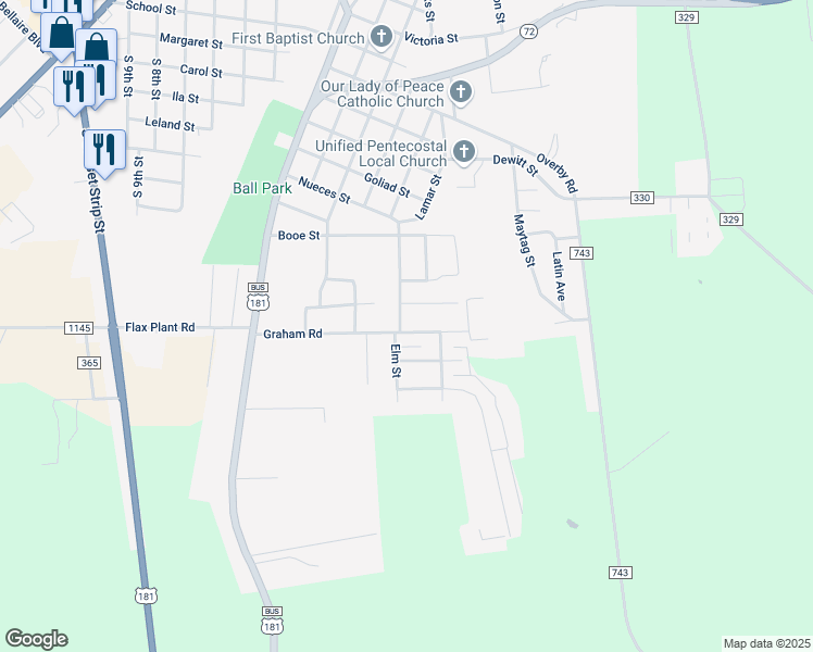 map of restaurants, bars, coffee shops, grocery stores, and more near 301 Graham Road in Kenedy