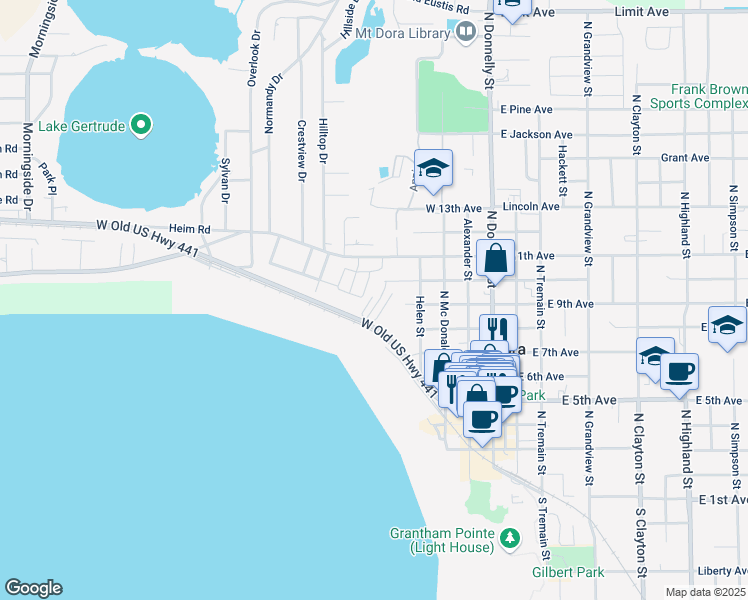 map of restaurants, bars, coffee shops, grocery stores, and more near 601 West Old US Highway 441 in Mount Dora
