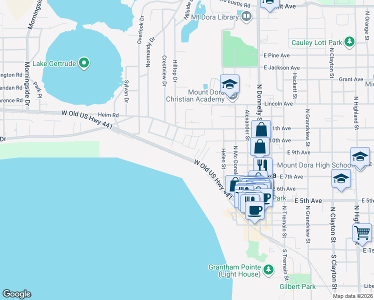 map of restaurants, bars, coffee shops, grocery stores, and more near 706 Fairview Avenue in Mount Dora