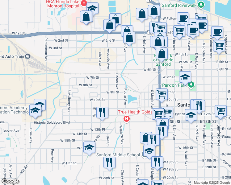 map of restaurants, bars, coffee shops, grocery stores, and more near 1107 West 9th Street in Sanford
