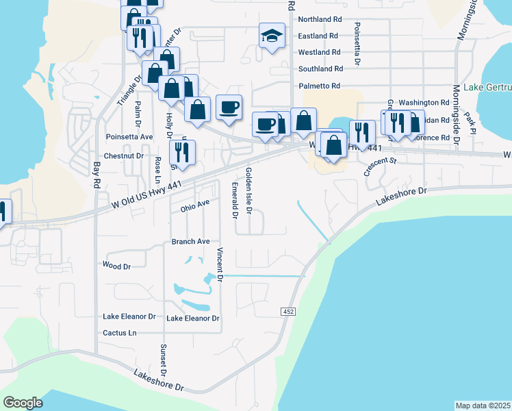 map of restaurants, bars, coffee shops, grocery stores, and more near 995 Golden Isle Drive in Mount Dora