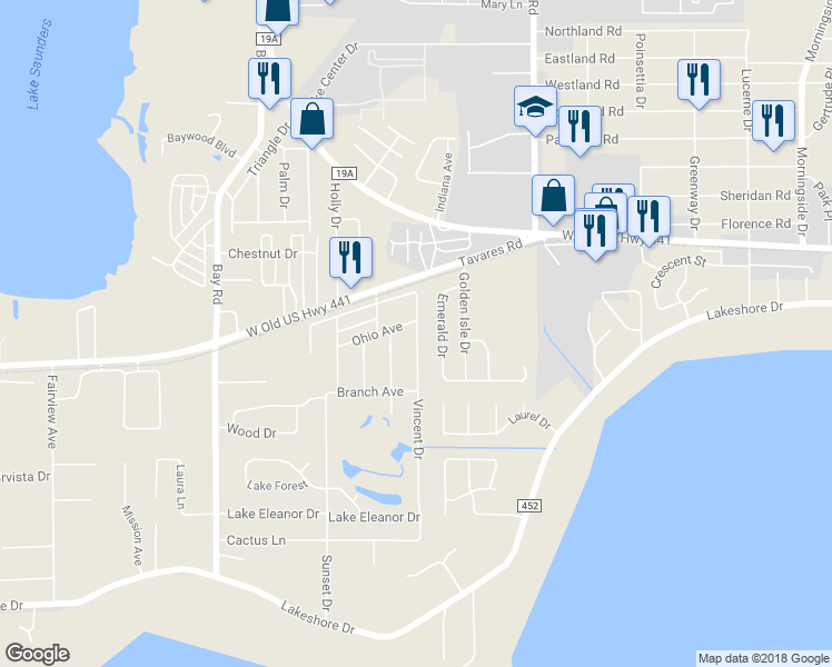 map of restaurants, bars, coffee shops, grocery stores, and more near 945 Vincent Drive in Mount Dora