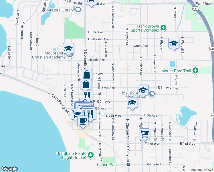 map of restaurants, bars, coffee shops, grocery stores, and more near 401 East 9th Avenue in Mount Dora