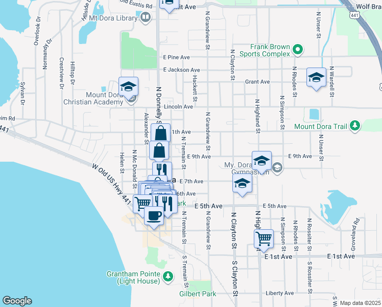 map of restaurants, bars, coffee shops, grocery stores, and more near 339 East 9th Avenue in Mount Dora
