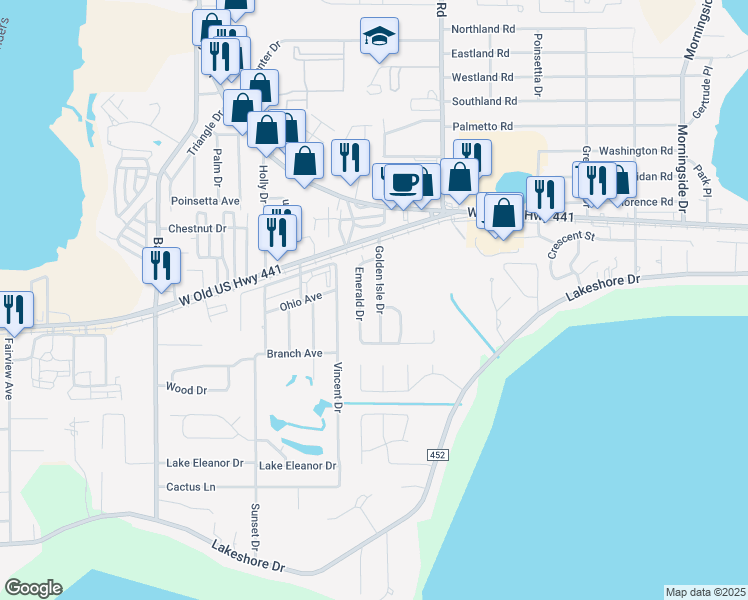 map of restaurants, bars, coffee shops, grocery stores, and more near 995 Golden Isle Drive in Mount Dora
